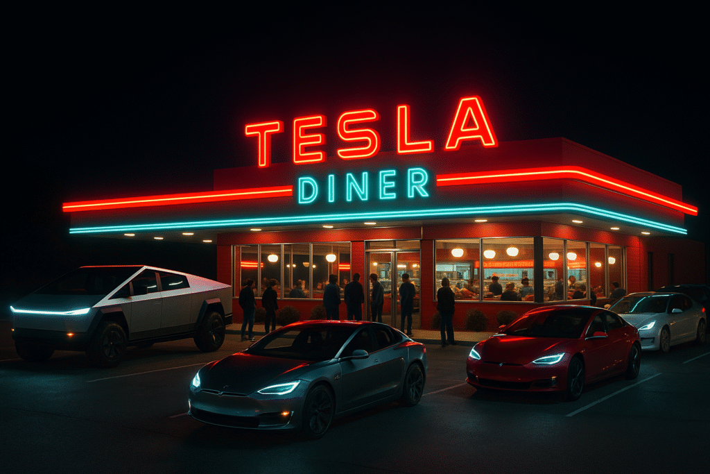 AI-generated image of Tesla Diner exterior at night