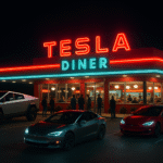AI-generated image of Tesla Diner exterior at night